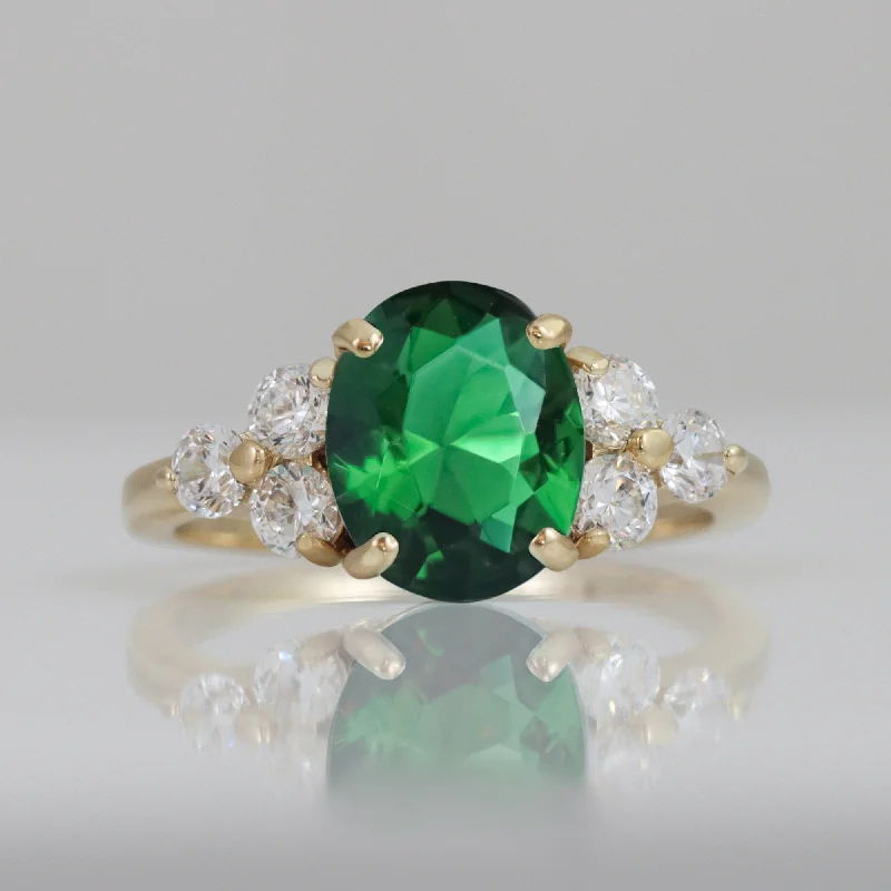 Emerald Ring - May Birthstone - Statement Engagement Ring with Oval Emerald Gemstone and Clear Quartz Accents