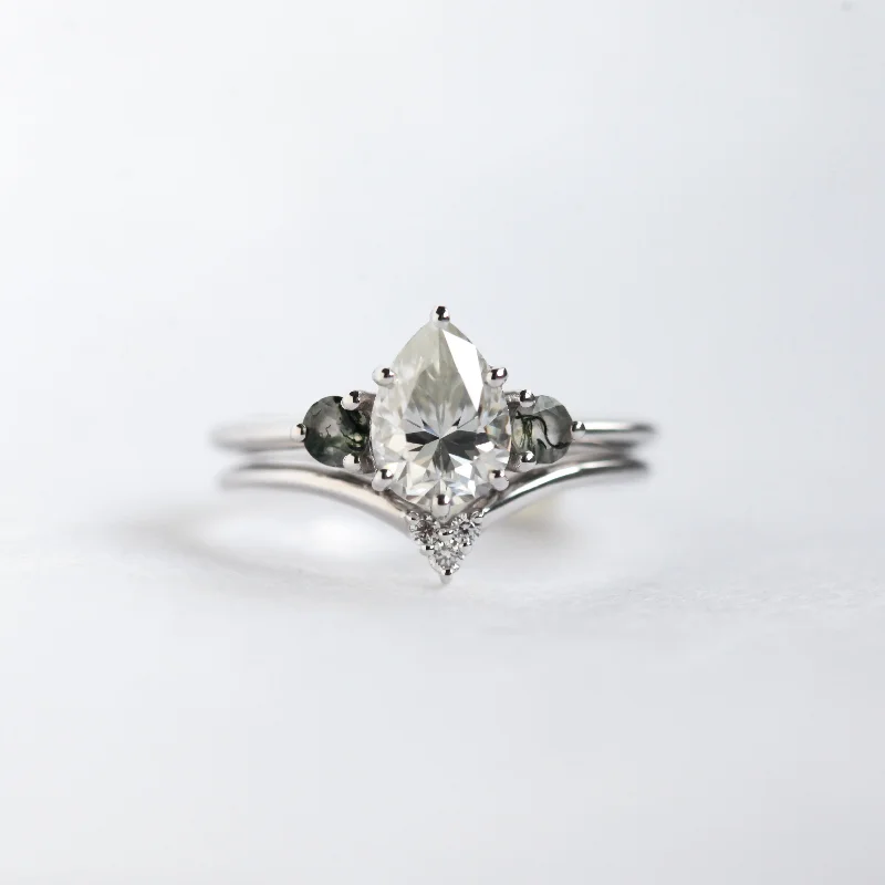 Misella Pear Moissanite Ring with Moss Agate - Ready To Ship