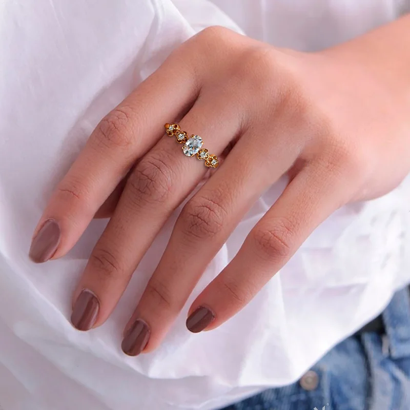 Clear Quartz Ring - April Birthstone - Oval Clear Quartz Gemstone Flower Setting Delicate Ring with Clear Quartz Accents Clear Quartz Ring - April Birthstone - Oval Clear Quartz Gemstone Flower Setting Delicate Ring with Clear Quartz Accents