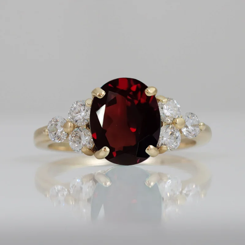 Red Garnet Ring - January Birthstone - Oval Red Garnet Gemstone Statement Engagement Ring with Clear Quartz Accents Red Garnet Ring - January Birthstone - Oval Red Garnet Gemstone Statement Engagement Ring with Clear Quartz Accents